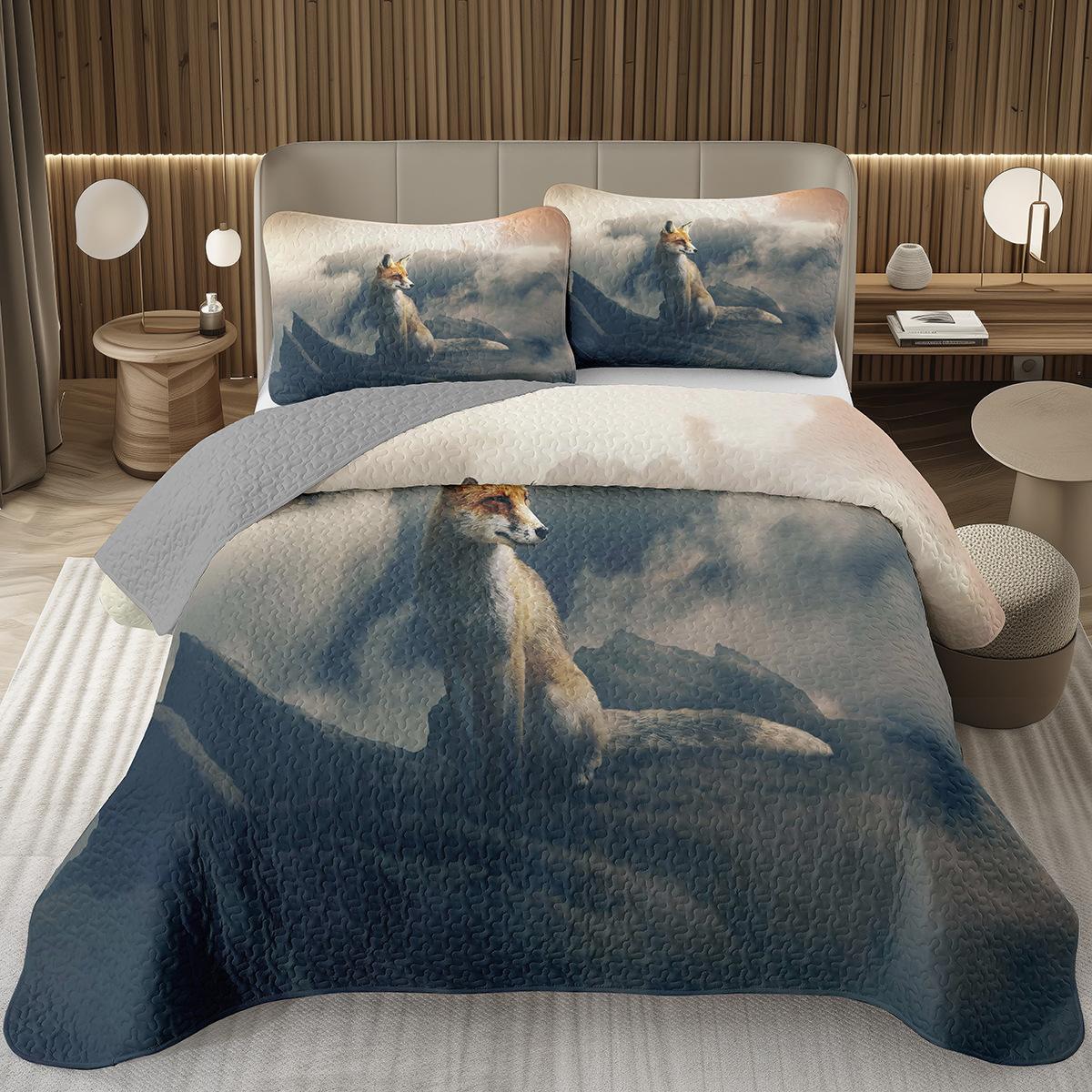 Kawaii Couvre-lit Renard 2/3 Pièces Animal de la Forêt Ensemble de Couette Réversible Nature Bois Renards Couvre-lit Matelassé pour Chambre de Fille Adolescente EU Single 135x200cm