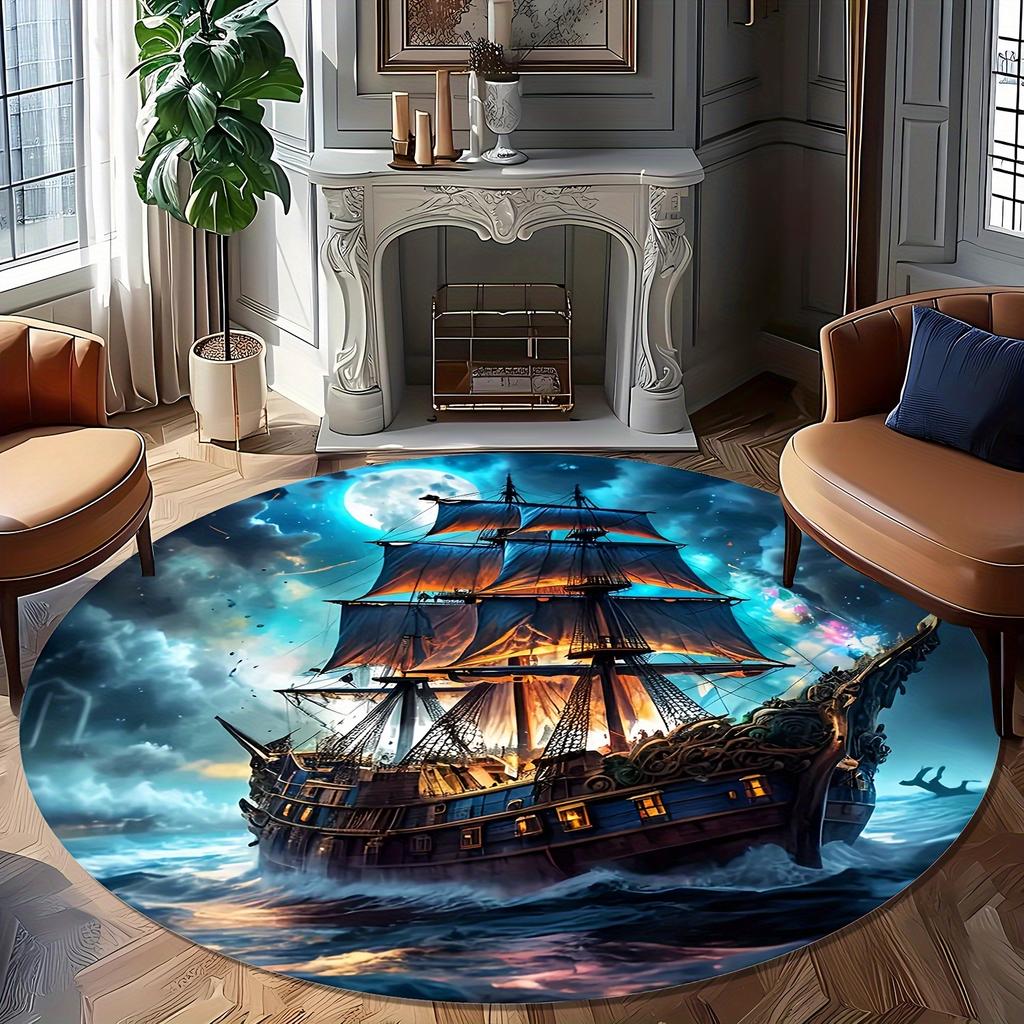 Pirate Ship Design Round Area Rug - 2D Printed Non-Slip Floor Mat for Living Room Bedroom  Outdoor Garden, 1PC