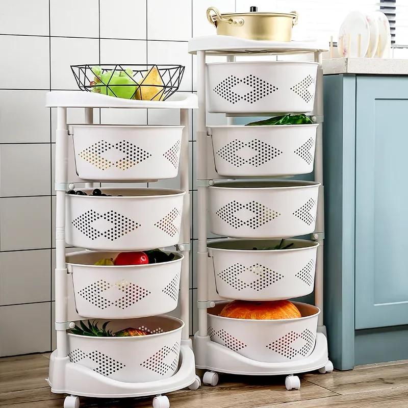 Kitchen Rolling Storage Cart with Rotating Circular Shelf - Convenient Fruit & Vegetable Basket Practical Organizer for Home Use