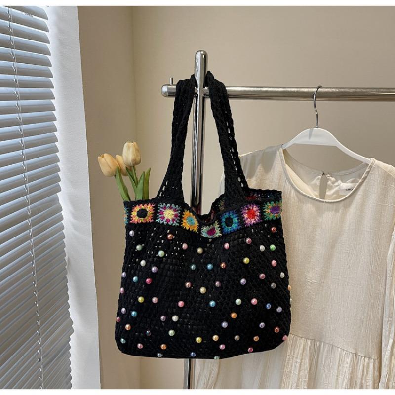 

Fashion knitted bag women s new knitted tote bag fashion large capacity tote bag vacation beach bag чёрный