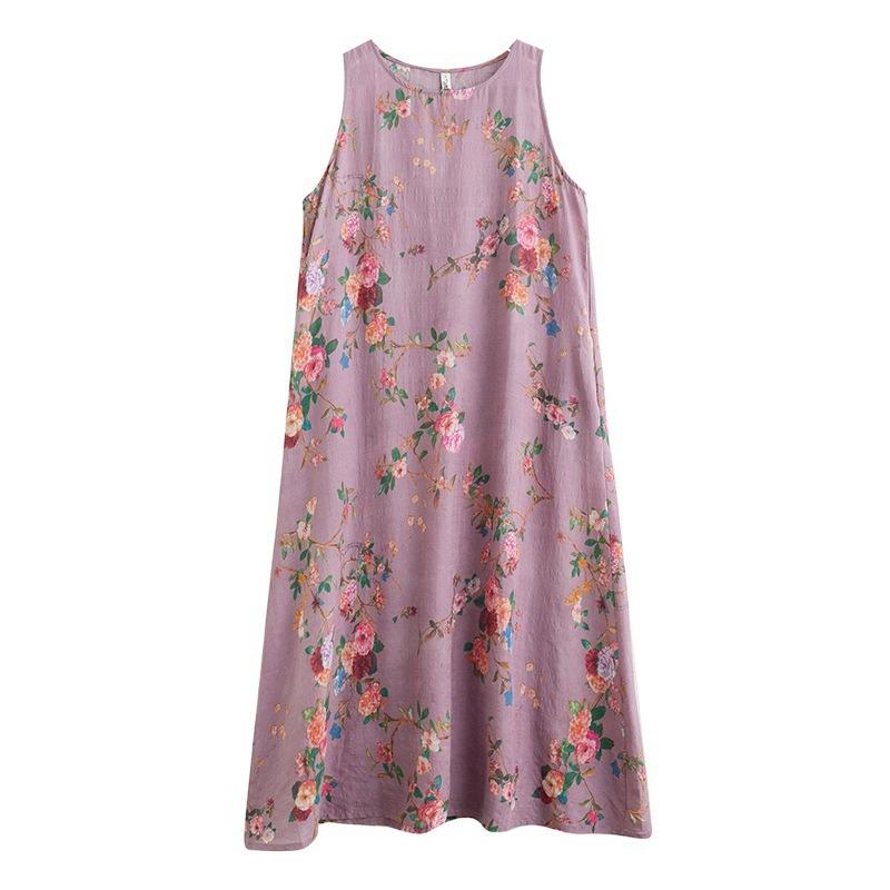 Real summer new cotton and linen printing retro literary and artistic fattening enlarged sleeveless vest medium and long dress women