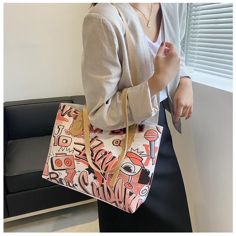 Cute Graffiti Print Tote Bag for Women Fashion Large Capacity Shoulder Handbag KTB