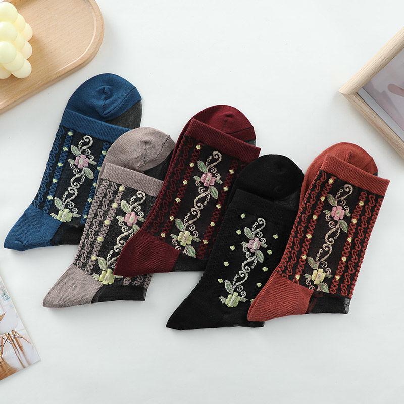 5 Pairs of Four Season Thin Cotton Bottom High Tube Crystal Glass Fiber Adult Women's Socks