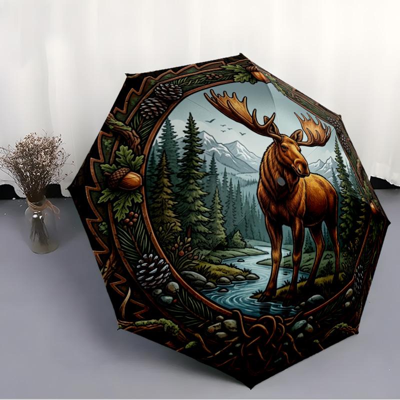 Moose Forest Frame pattern umbrella, portable and foldable design, 8 ribs, a casual accessory for Halloween, Christmas, and birthday gifts.