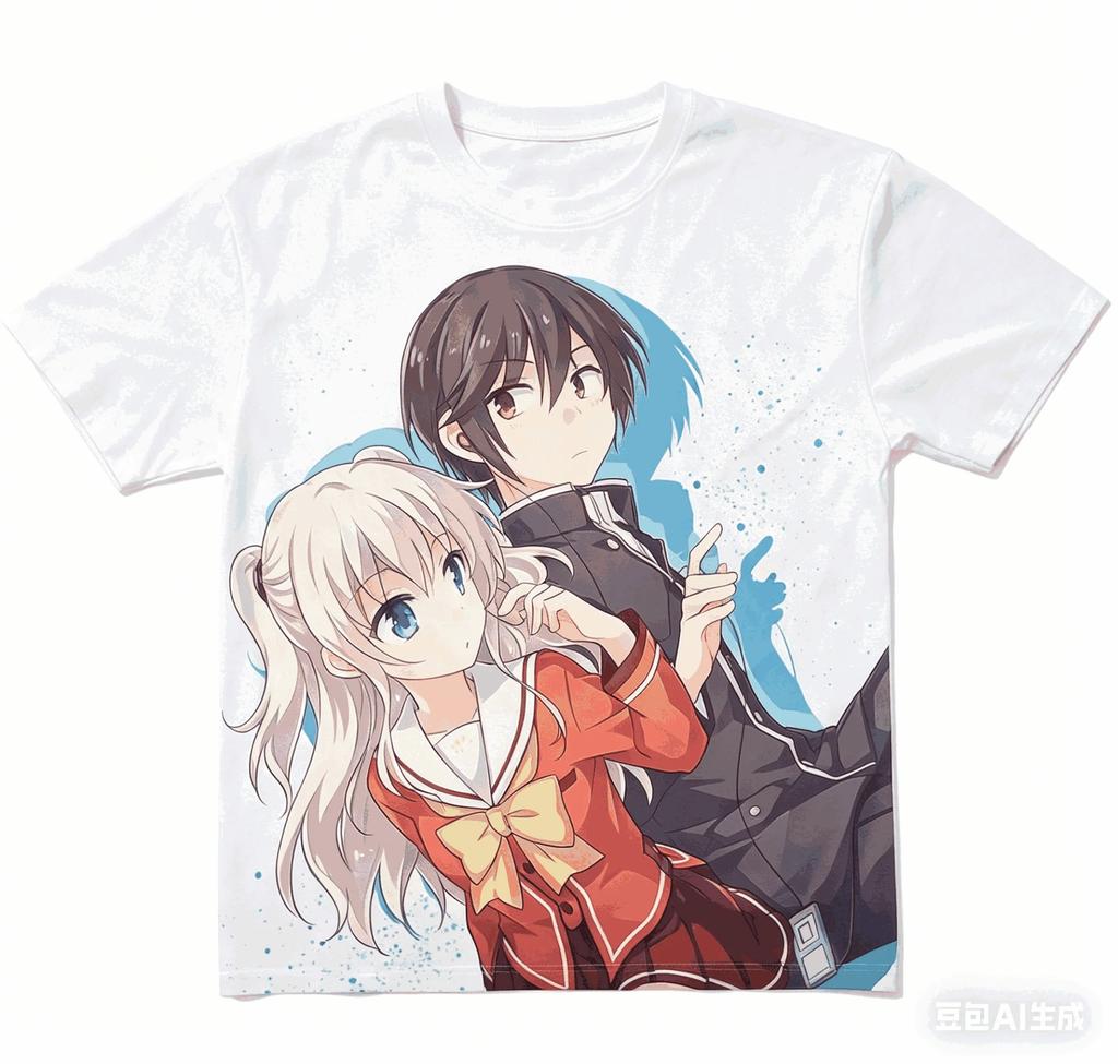 Trendy Vintage Charlotte Anime Yuu Otosaka and Nao Tomori Black Cotton Unisex Casual Graphic Women And Men T-shirt