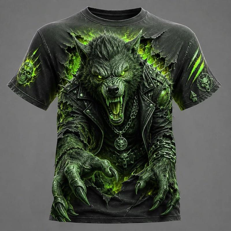 Men's Summer Halloween Cool and Spooky Werewolf Print Short-Sleeve T-Shirt Fashionable Trendy Streetwear Short-Sleeve T-Shirt