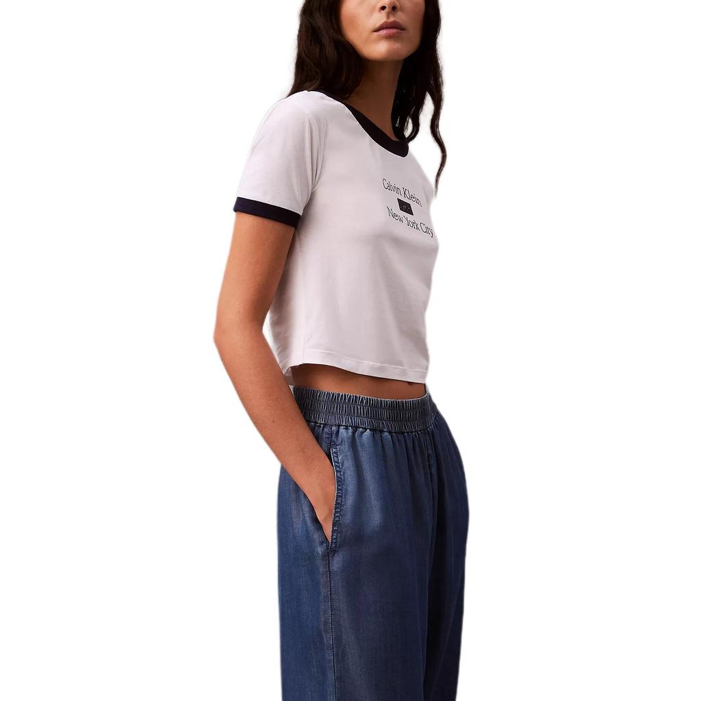 Calvin Klein Short Soft Breathable Round Neck Short Sleeve T-Shirt Women Tops Bright-White Blue 47B808G-111