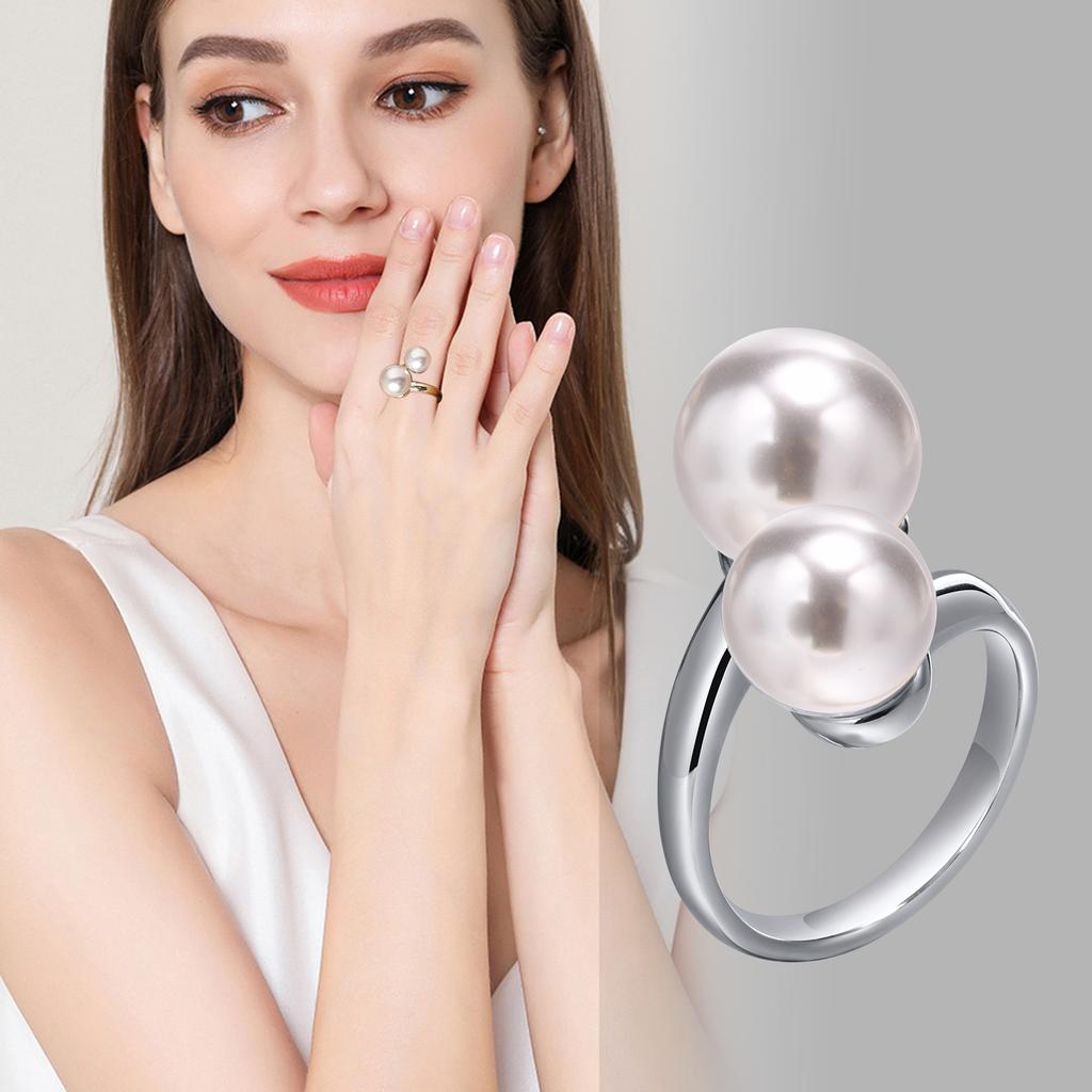 Chic Gold Color Simulated Pearl Ring, Dainty Opening Adjustable Size Stainless Steel Finger Band Rings