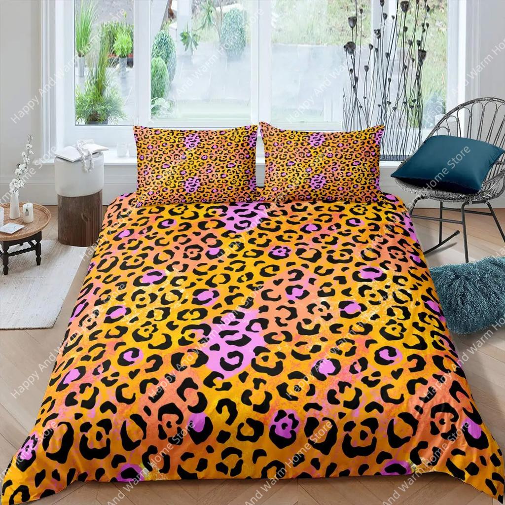 Pink Leopard King Queen Duvet Cover Girly Glitter Bedding Set Cheetah Skin Pattern Quilt Cover 2/3Pcs Polyester Comforter Cover