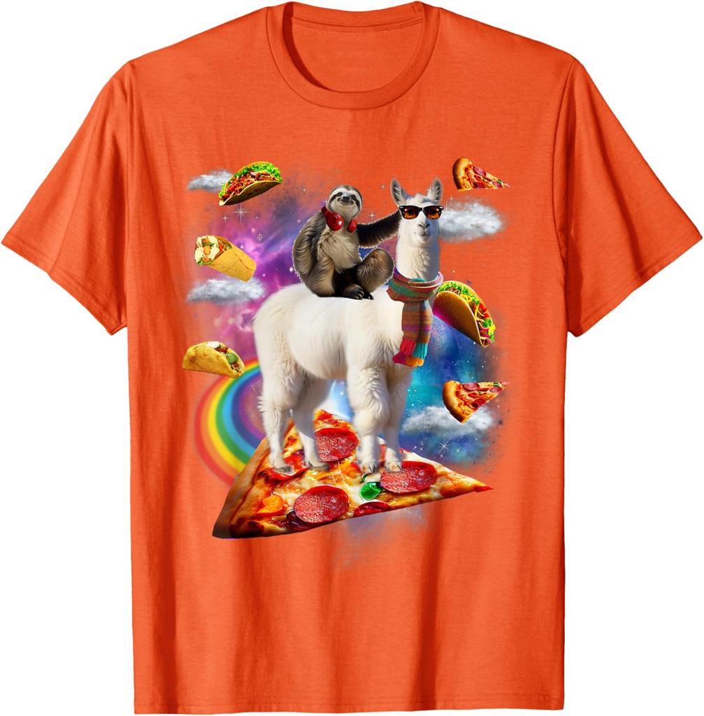 Bradipo che cavalca un lama nella Galassia della Pizza Taco Maglietta Grafica Divertente Casual Unisex Maglietta da Viaggio