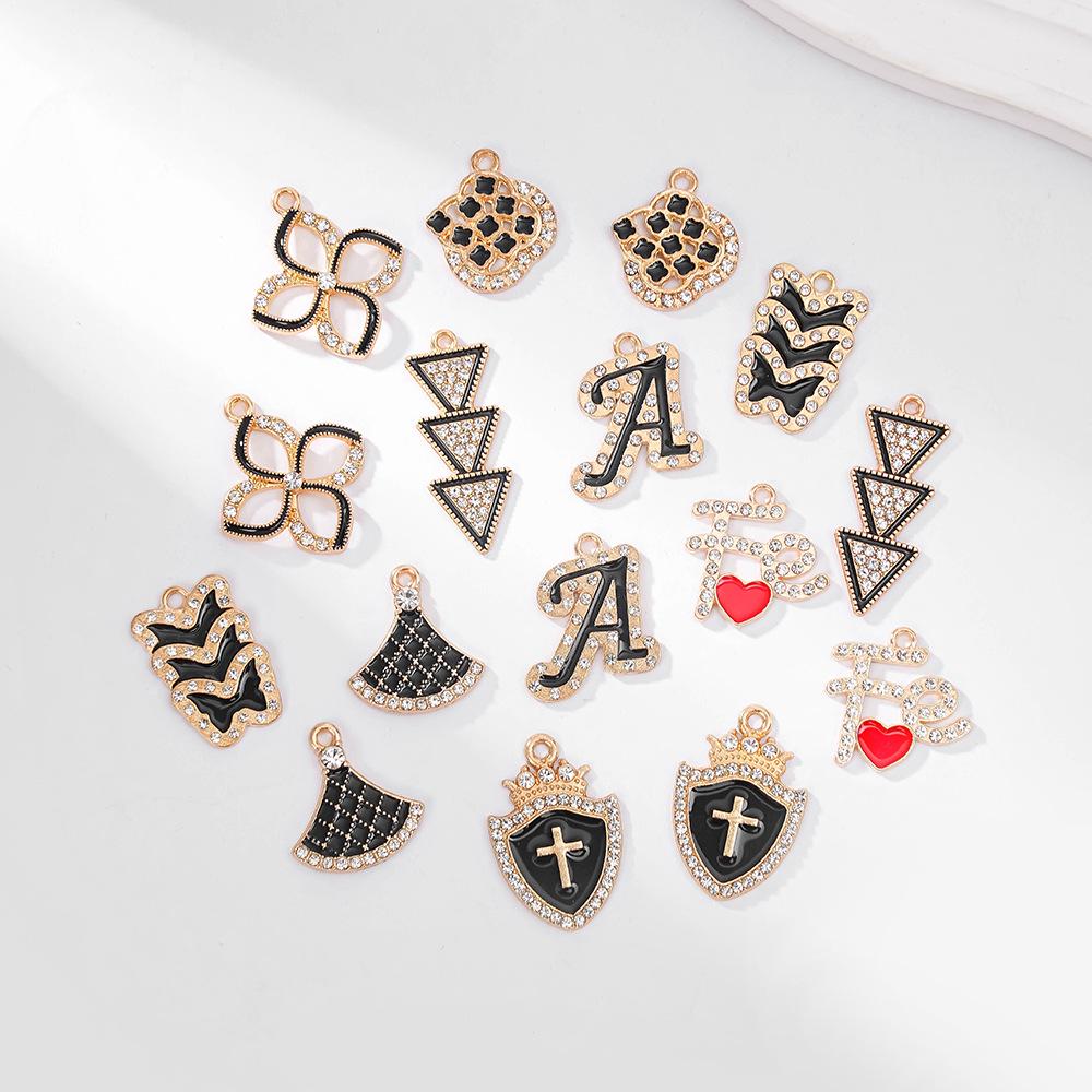 Stilvolle DIY Legierung Zirkon Anhänger Halskette & Ohrringe mit schwarzem Öltropfen Buchstaben Design