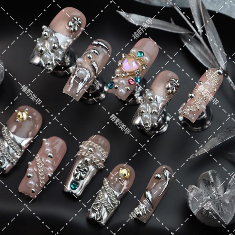 Cyberpunk Chic Press-On Nails With Pearl Crystal Embellishments Sheer Pink Base Handcrafted Acrylic Tips Women