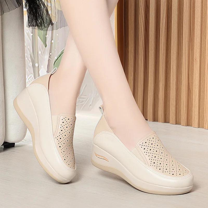 4.5cm Breathable Comfortable Shallow Cutout Soft Leather Shoes Women Loafers 2025 Summer Platform Wedges Shoes for Office Mom