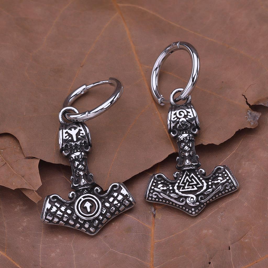 Vintage Vikings Stainless Steel Helmet of Awe Drop Earrings Plated Black Crack Pattern Rune Amulet Dangle Earring Jewelry