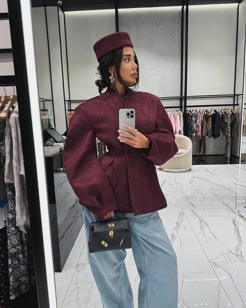 Burgundy Slimming V-Neck Double-Breasted Jacket - 2025 Spring Women's Fashion