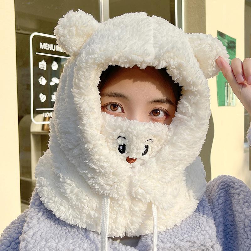 

Women s Cute Bear Plush Winter Headband Scarf Mask - Windproof, Warm, Cycling Accessory One Size грязно-белый
