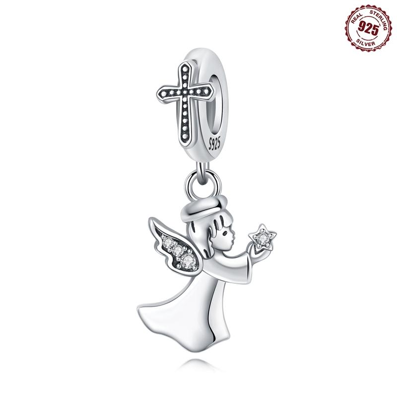 Orstarry S925 Silver Beads Pendant Characters Angel Cross Charm Religious Symbol For Bracelet DIY Jewelry Making Gifts
