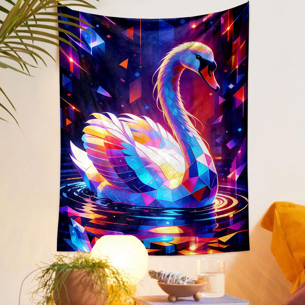 "Colorful Geometric Swan on Water" Patterned tapestry home decor, suitable for bedroom and living room, gift