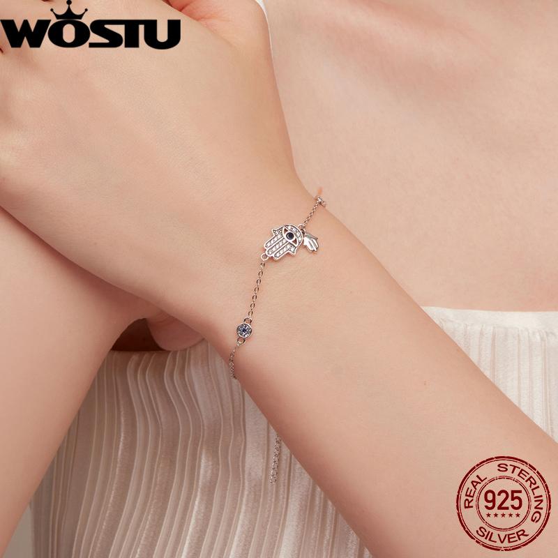 WOSTU 925 Silver Fatima of Hand Hamsa Eye Bracelets Blue Zircon Chain Link For Women Bangles Fashion 925 Jewelry CQB079