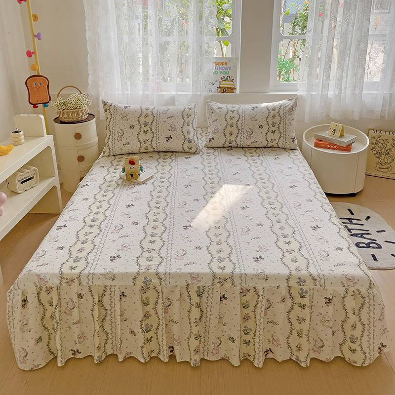 All Season Universal Ruffle Edge Single Bed Cover Printed Cotton Bed Skirt Three Piece Set Soft Comfortable Bedding Bedspread