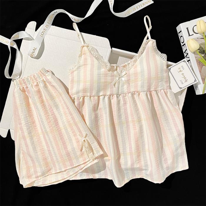 

Корейская пижама женская полосатая картина принт подтяжки пижамы комплект короткий рукав топ + шорты домашняя одежда приятная для кожи дышащая M