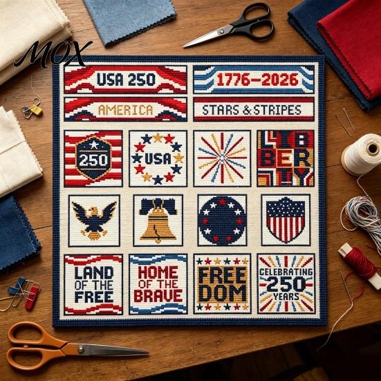 Segmented Embroidery Pattern 250th Anniversary Cross Stitch Kit, Independence Day Theme, Red White Blue Threads Patriotic Set, USA Patterns