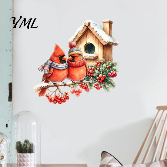 Festive Glass Door Decorations Christmas Bird Wall Sticker, Watercolor PVC Decal, Waterproof Winter Indoor Outdoor Decor Theme Window Cling for Doors