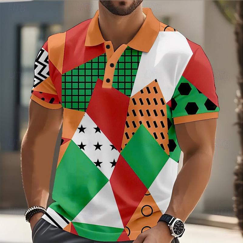 2026 Fashionable Casual Geometric Pattern Men's Short Sleeve Polo Shirt Summer Wear