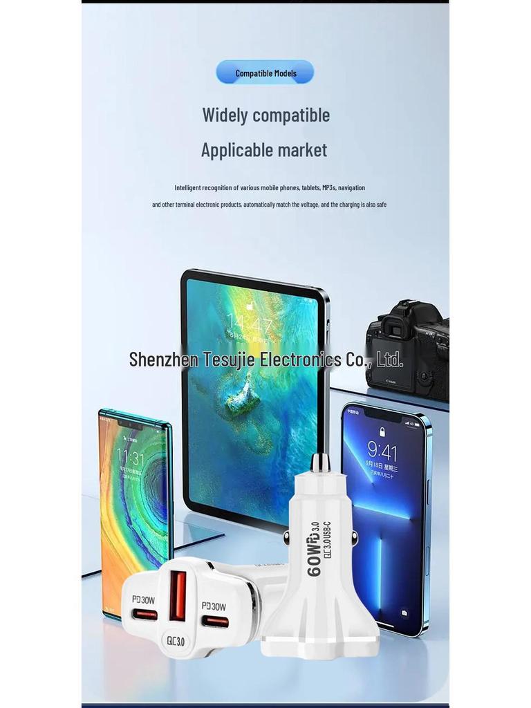 Apple-Compatible Super Fast 60W Car Charger with Three Ports (Dual USB-C)