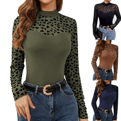 Camiseta Base de Manga Larga Ajustada para Mujer, Casual Holgada, Color Sólido, Empalme de Malla