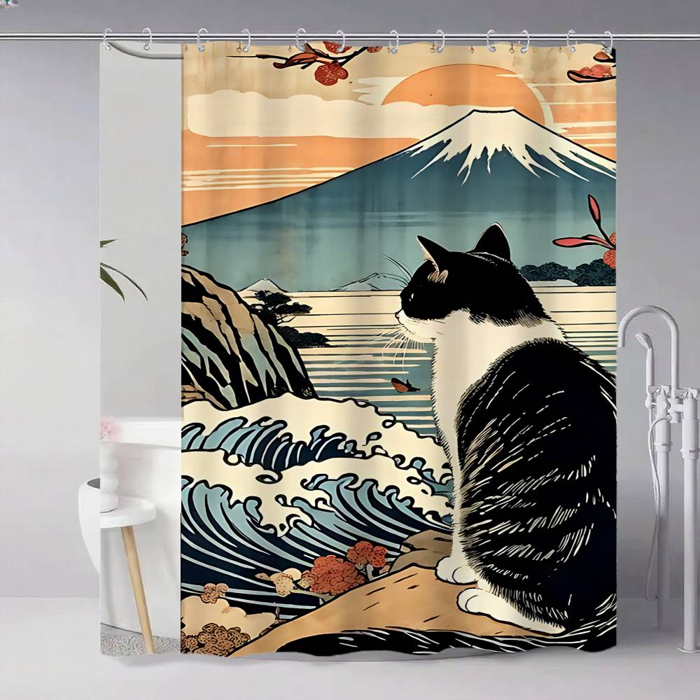 Japanese Cat Classic Vintage 1pc Pattern Shower Curtain Plus Hooks Waterproof Machine Washable Polyester Fabric Abstract