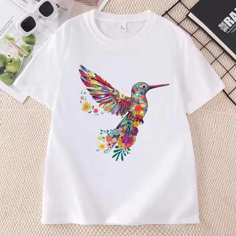 Floral Hummingbird T-Shirt Animal Lover Tee Bird T Shirts Trendy Short Sleeve T Shirts Women Ladies Summer Cotton Tshirts