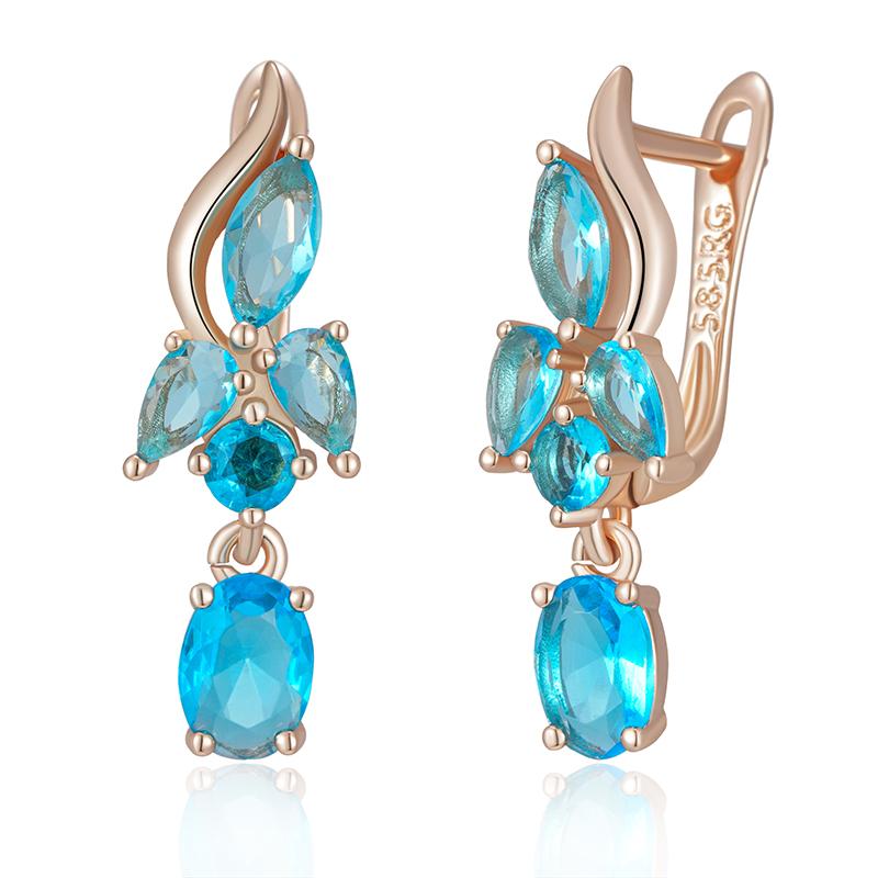 Water Blue Zircon Dangle Earrings For Women Rose Gold Color Long Earrings Fine Jewelry Gift