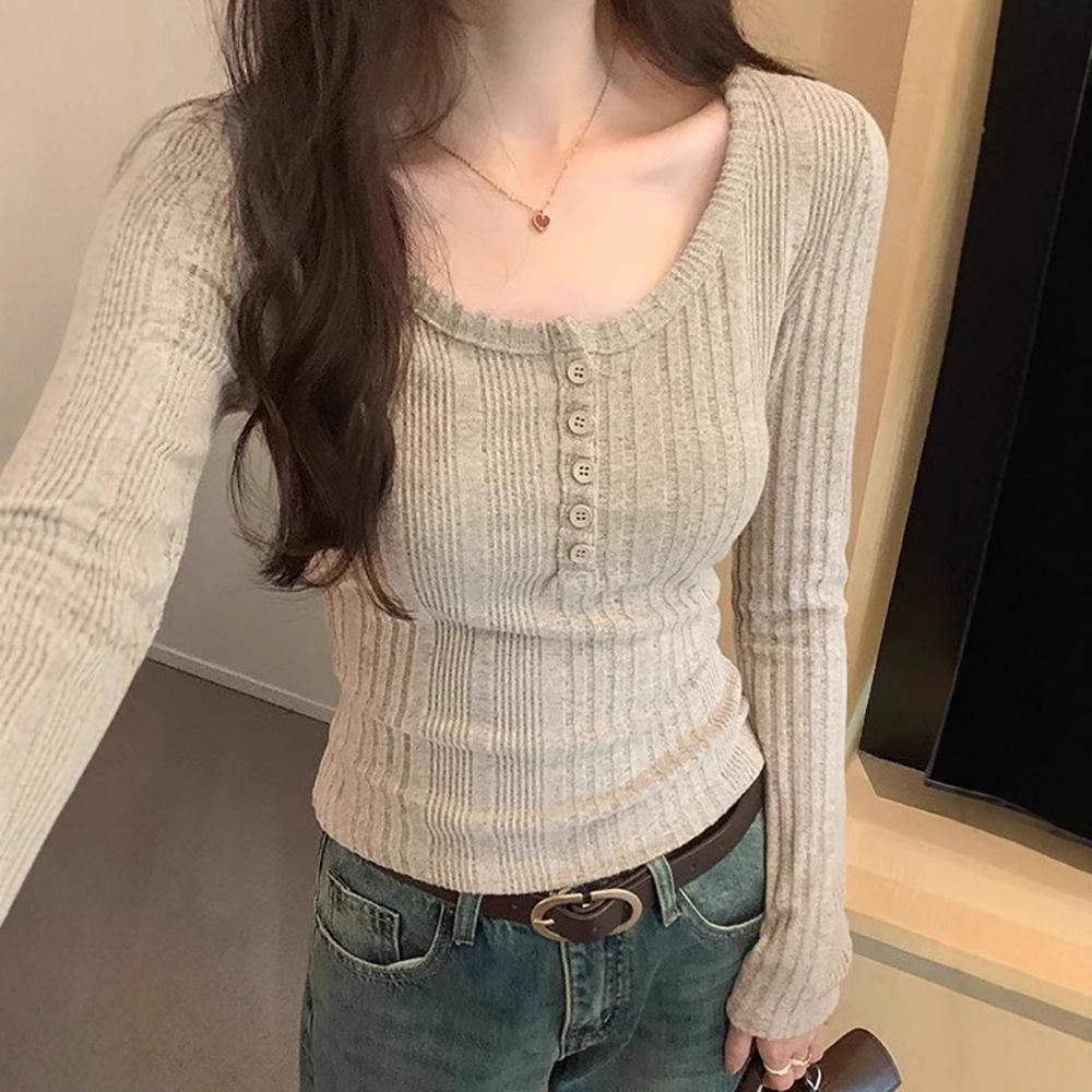 Women's Retro U-Neck Slimming Long-Sleeve Ribbed Knit Top, 2025 Autumn/Winter Collection