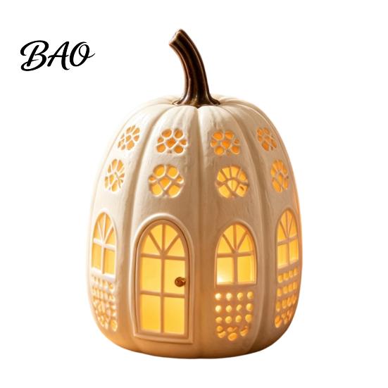 Decorative Pumpkin Sculpture Lighted Cottage Ornament, Flickering Tabletop Lamp, Light-Up Small Desktop Ornament for Autumn Farmhouse Fall Centerpiece