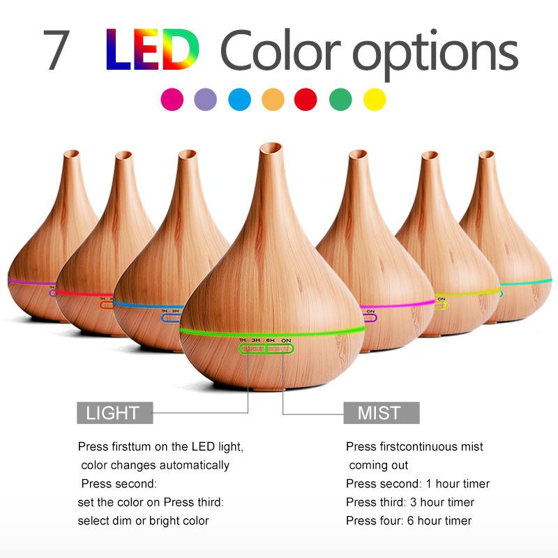 Wood Grain Color Air Humidifier, Aroma Diffuser Essential Oil Machine with Colorful Night Light, Remote Control, Timing Function
