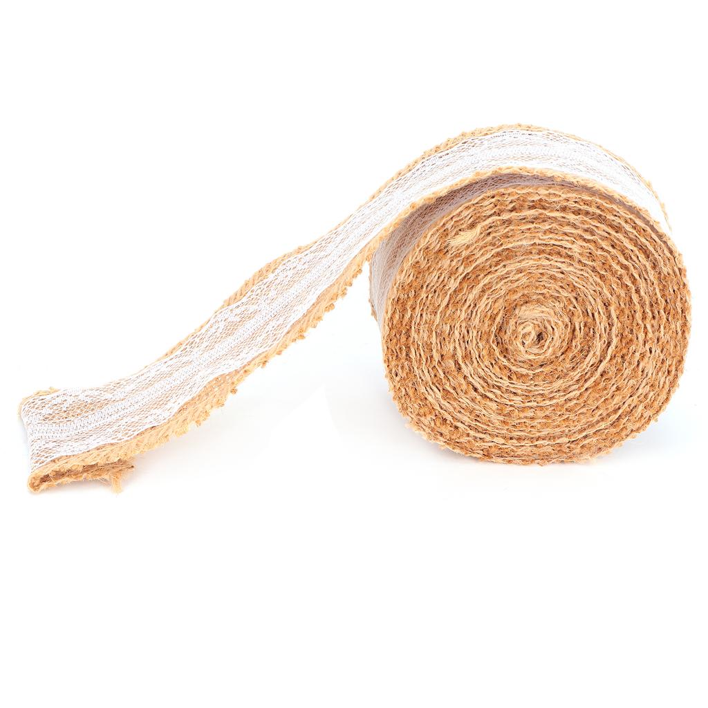 Burlap Ribbon with White Lace Natural Jute Roll for DIY Decoration Gift Packaging 5 Yards5cm Middle Lace