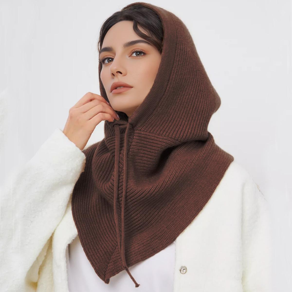 

Winter Balaclava Hat Scarf for Women Knitted Hooded Caps Outdoor Warm One-Piece Neck Collar Beanies Hats for Girls 2028 кавовий