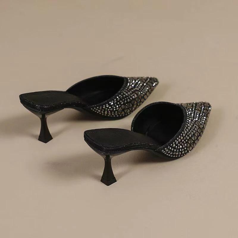 

Модные летние туфли нового стиля с острым носком и неглубоким вырезом, инкрустированные бриллиантами, противоскользящие, износостойкие шлепанцы, элегантный темперамент, высокие каблуки 40 чёрный