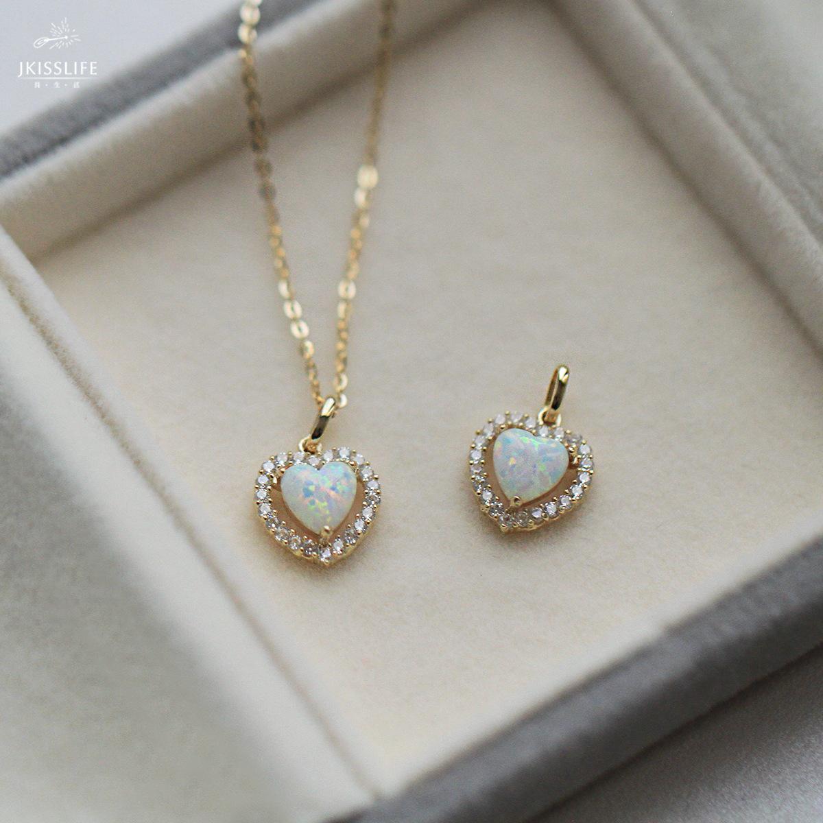 14K Gold-Plated Sterling Silver Necklace with Micro-Paved Heart Pendant and Imitation Opal Stone 14K Gold