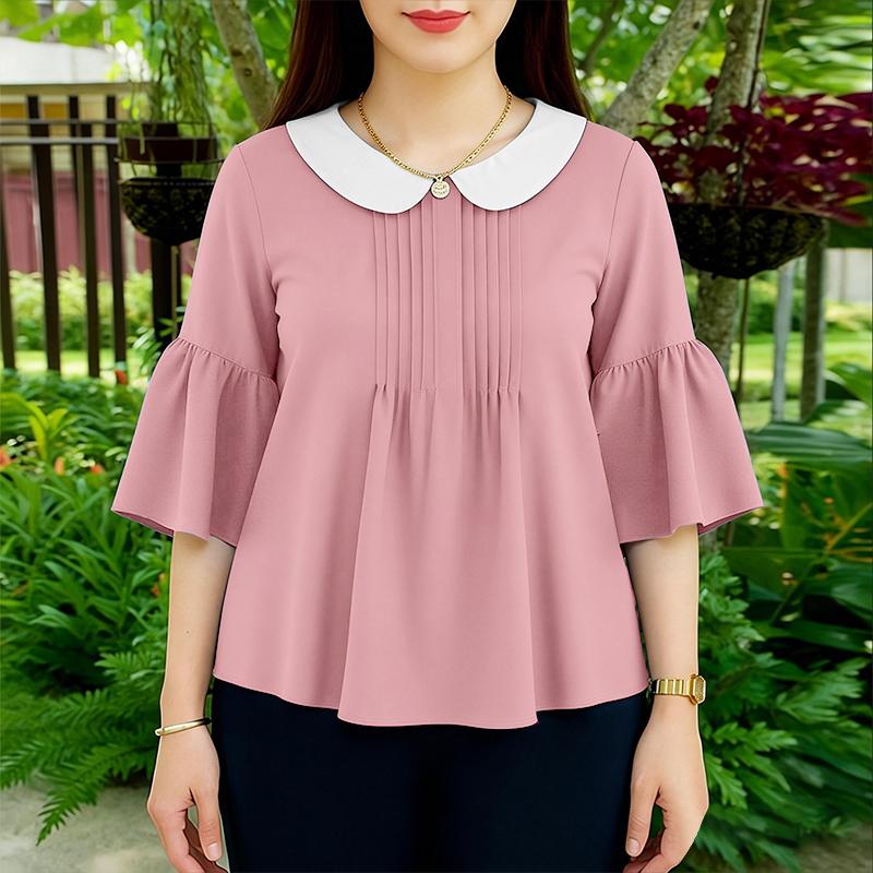 ZANZEA Womens Doll Collar Loose Casual 3/4 Sleeve Blouse