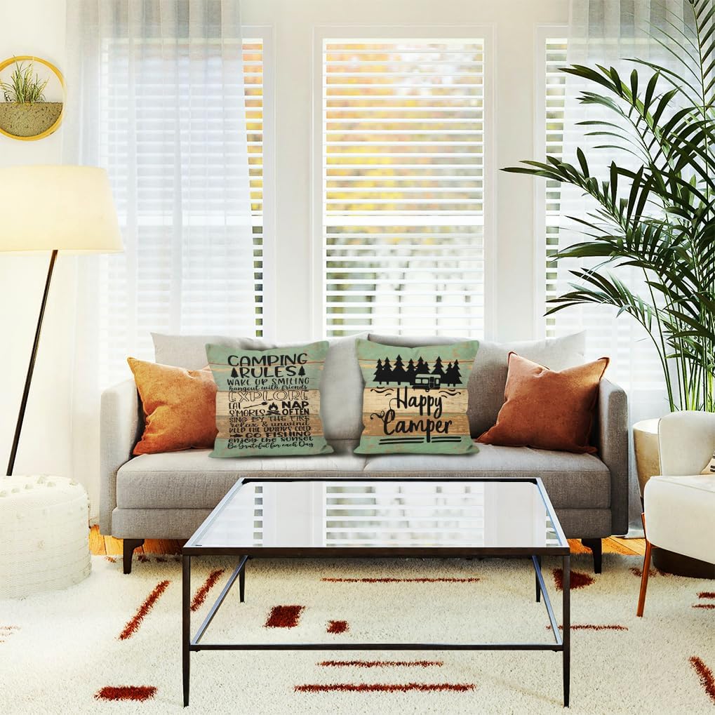 Rustic Happy Camper Wood Board Reversible Throw Pillow Cover, Camping Camper Gifts for Women Men, Camping Rules Pillow Case 18 x 18 Inch Home RV