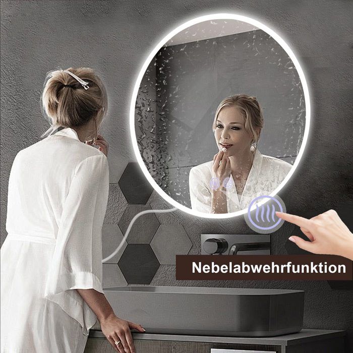 Miroir de salle de bain - NETTLIFE - Miroir mural LED rond 60 cm - Éclairage LED intégré - IP44 - Tactile dimmable