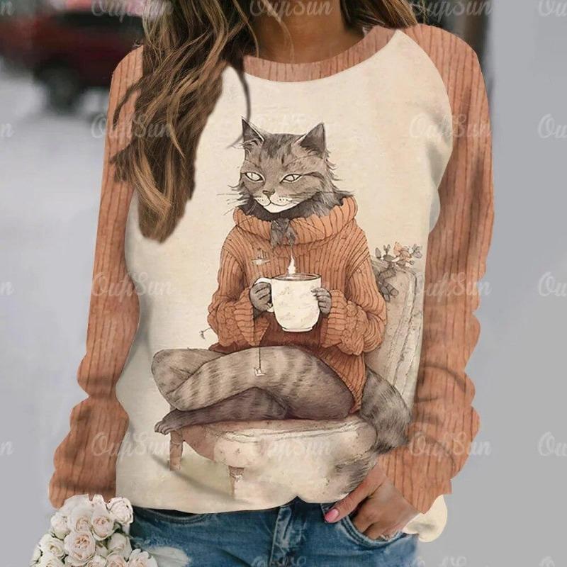 Mode Kawaii Katt Djur Tryck Långärmade T-shirts För Kvinnor Sweatshirts Dam Söt O-Hals Pullover Kvinna T-shirts Topp Kläder