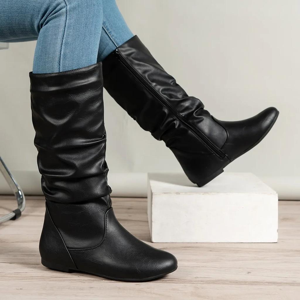 Women'S Riding Boots Fashion Plus Size Soft Leather Zipper Knee High Boot Slip On Ladies Thigh High Knight Flat Shoes Autumn New