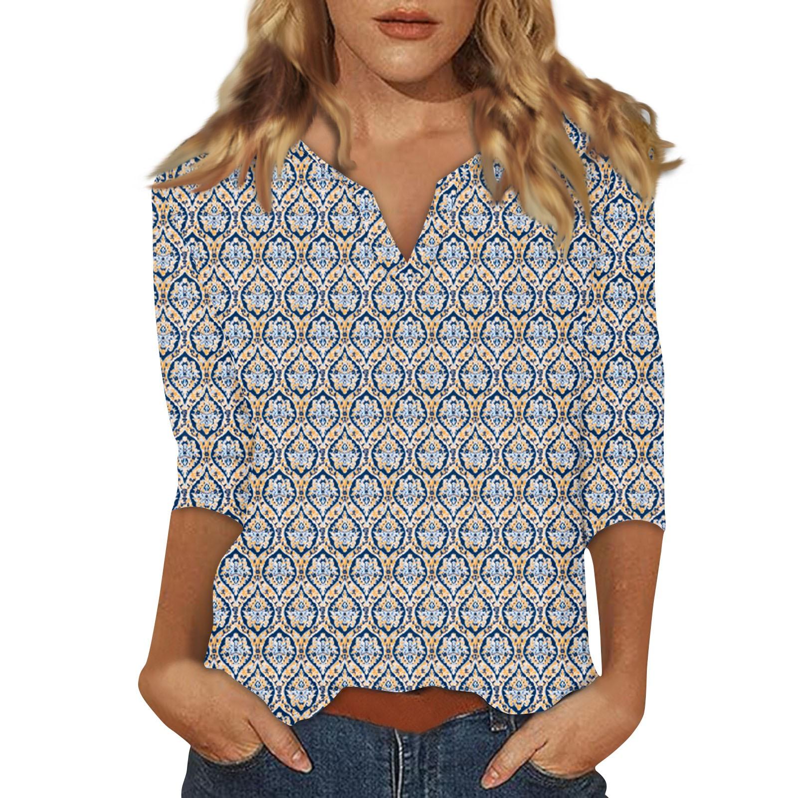 

Women s Stand Collar 3/4 Sleeve Printed Top T-shirt XXXL Темно-синій