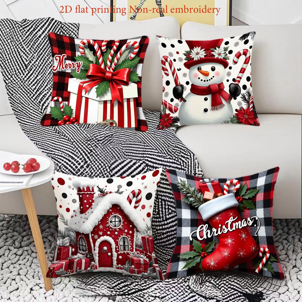Christmas Pillows 2D Flat Printing Non Real Embroidery Polyester Pillowcase, Sofa Decorative Cushion Cov Headboard Pillow