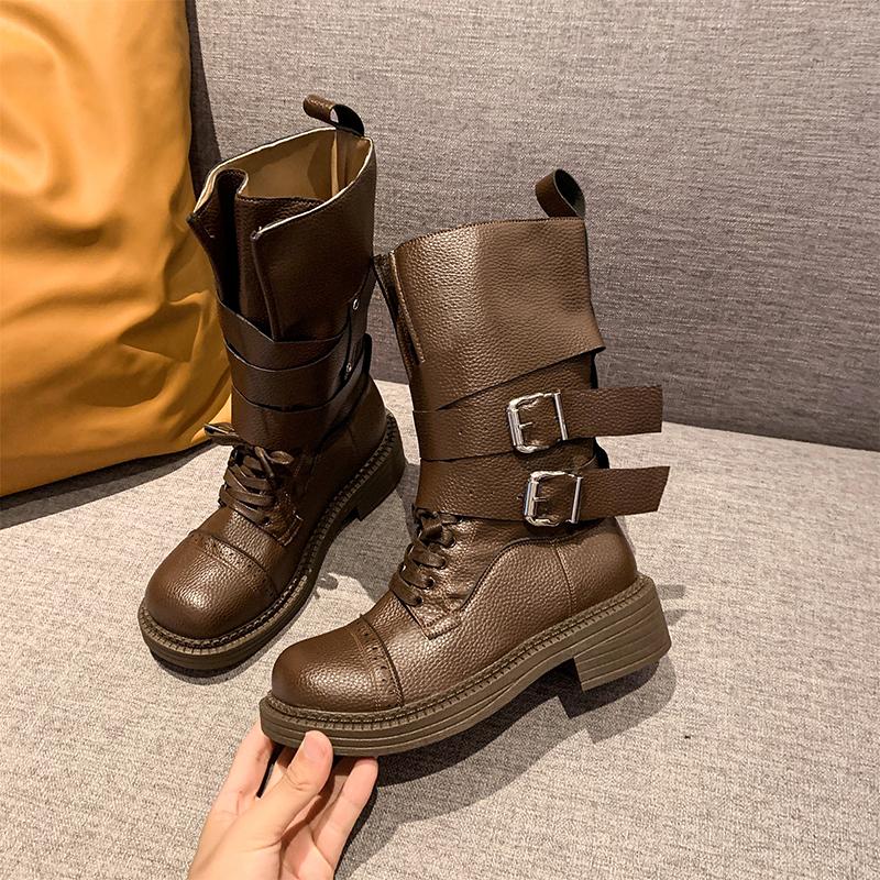 Fashion Retro British Style Mid-leg Boots Women's Spring and Summer New Block Heel Belt Buckle Versatile Single Boots