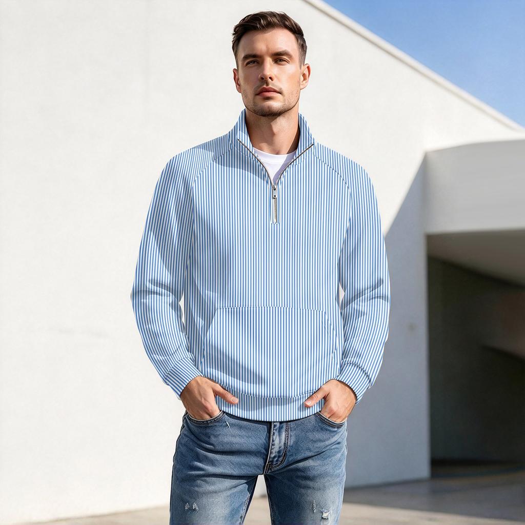 Herren Pullover mit vertikalem Streifenprint, Reißverschluss und Stehkragen, Lässiges Falten- Sportoberteil für Herbst Winter