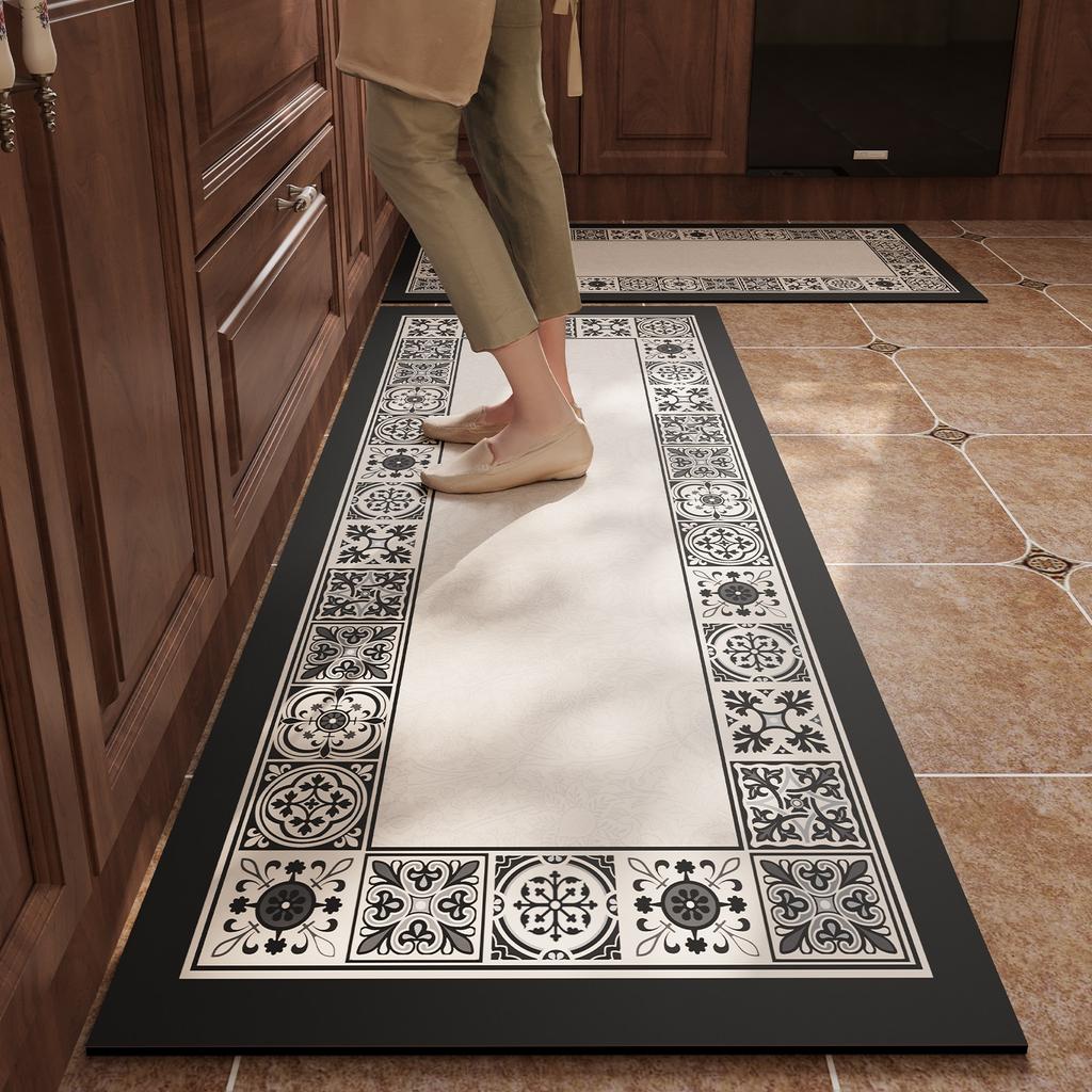 Vintage Light Luxury Kitchen Floor Mat Anti-slip Carpet Oil-proof Waterproof PVC Leather Washable Rug Long Rugs Alfombra Cocina
